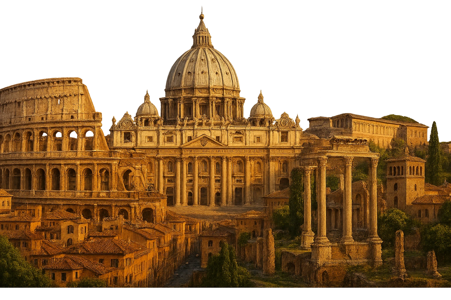 cinematic realistic emoji of Rome skyline featuring iconic landmarks Colosseum, St. Peter's Basilica, Roman Forum, lifelike detail, accurate colors, bright lighting, wide city view, no sky, fully transparent background emoji