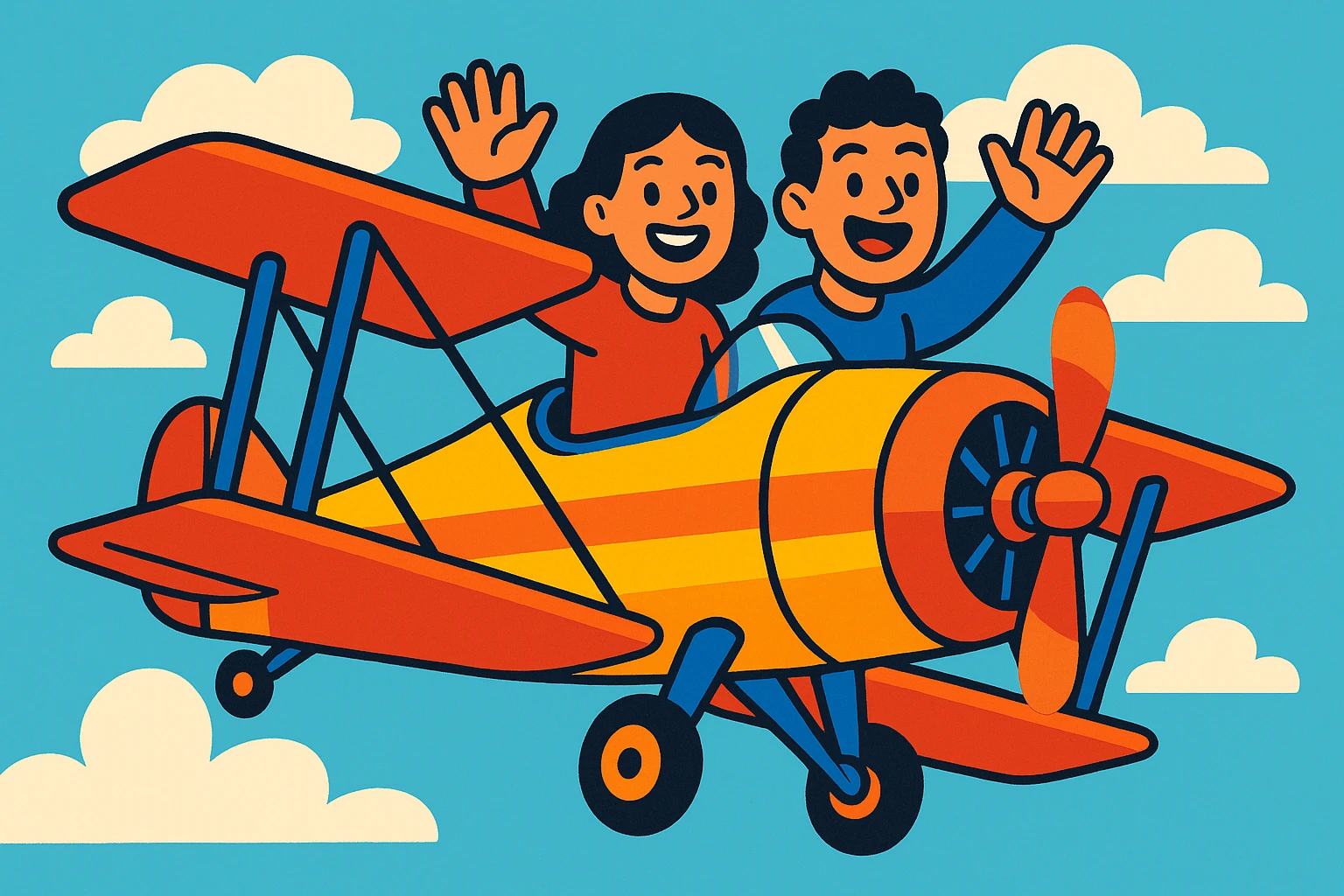 two happy people waving from a biplane, vibrant cartoon style emoji