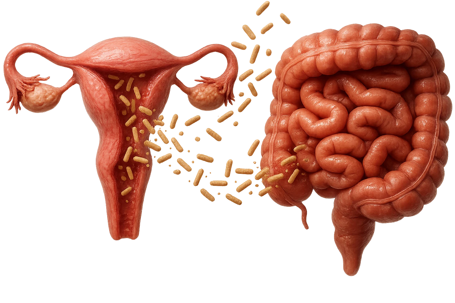 UTERO UMANO E INTESTINO ANATOMICI REALISTICI SONO UNO ACCANTO ALL'ALTRO E SI PASSANO I BATTERI A VICENDA, CON BATTERI CHE ESCONO DALL'INTERNO, IPERREALISTICO 4K, NON DISEGNATO emoji