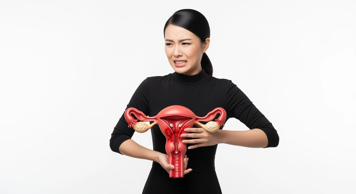 donna a figura intera con utero umano realistico in 3d in evidenza dolorante, espressione di dolore in volto, sfondo bianco, non farla computerizzata, ma iperrealistica 4k, sfondo bianco emoji