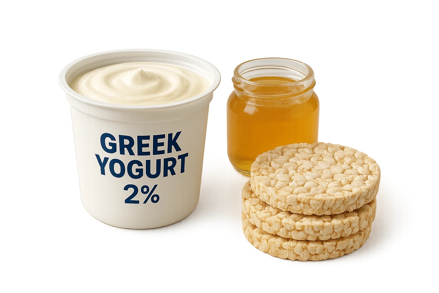 Yogurt Greco 2%
Miele (senza il cucchiaio di legno)
Gallette di Riso
vista frontale, iperrealistico 4k emoji