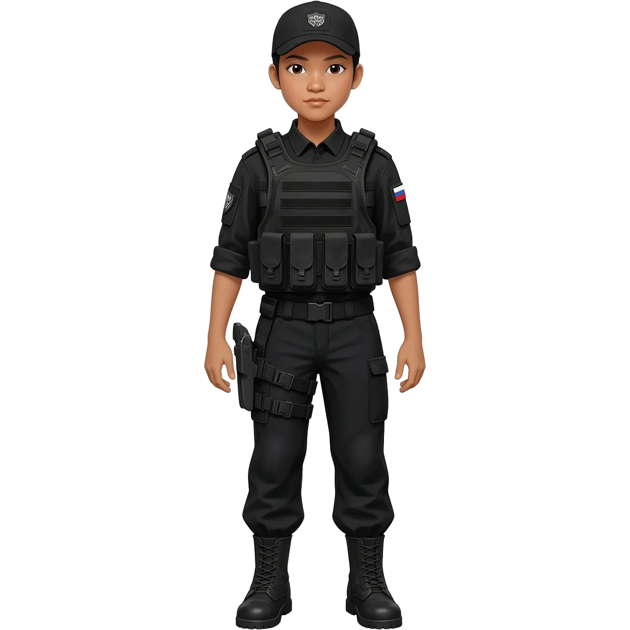 Filipino girl STF SPECIAL TACTICS FORCE OUTFIT BLACK FATIGUE AND COMBAT BOOTS PLATE CARRIER AND HOLSTER emoji