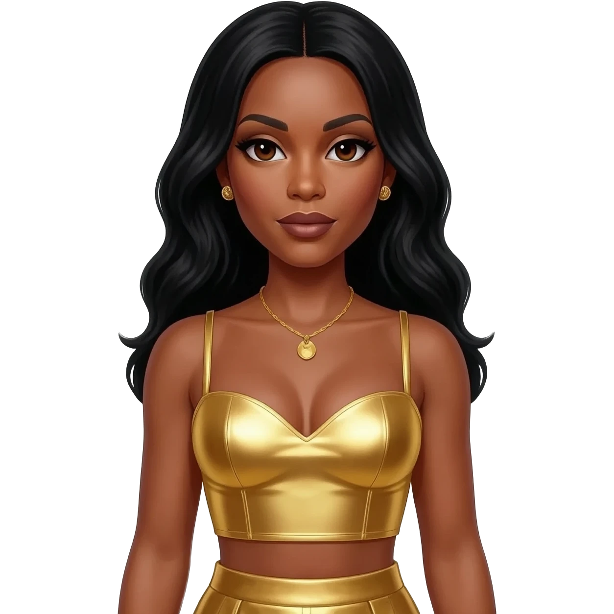 Tenitra Michelle Williams, R&B Singer (b.1979) with dark brown eyes, long black hair, gold metallic sweetheart crop top, gold metallic asymmetrical skirt, gold necklace and short earrings emoji