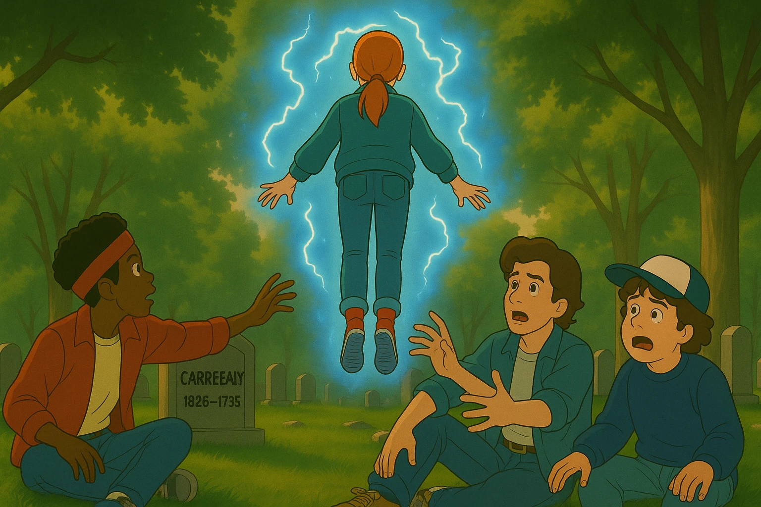 Max from Stranger Things levitating, seen from behind, in front of Lucas, Steve, and Dustin, who are reaching out to her. Dustin has a shocked expression. Ghibli style, wide aspect ratio (16:9), supernatural glowing effects, cinematic lighting. emoji