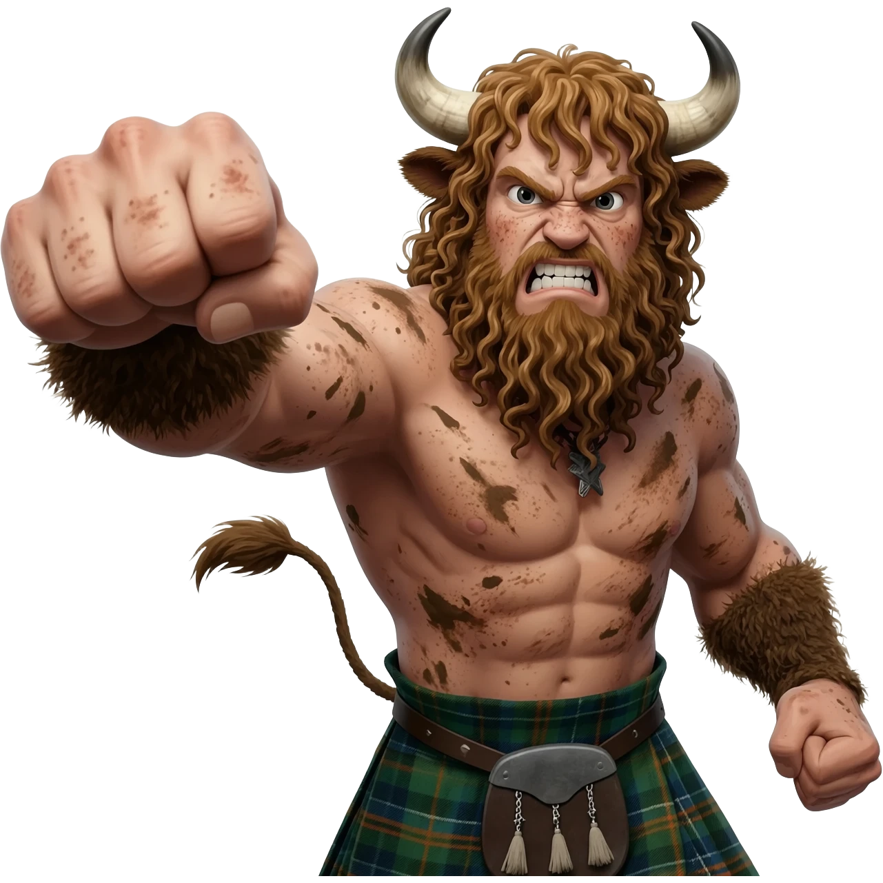 big buff curly hairy man covered in dirt with freckles with messy light brown bangs that covers his face completely with bull horns and bull ears and bull tail dressed in kilt punches with left hook closeup furious expression emoji