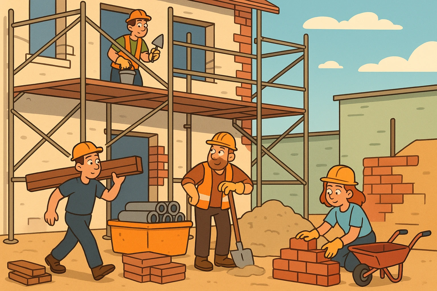 a construction site under renovation, with scaffolding, construction workers, safety helmets, and building materials, playful and colorful, clear outlines, cartoon style emoji
