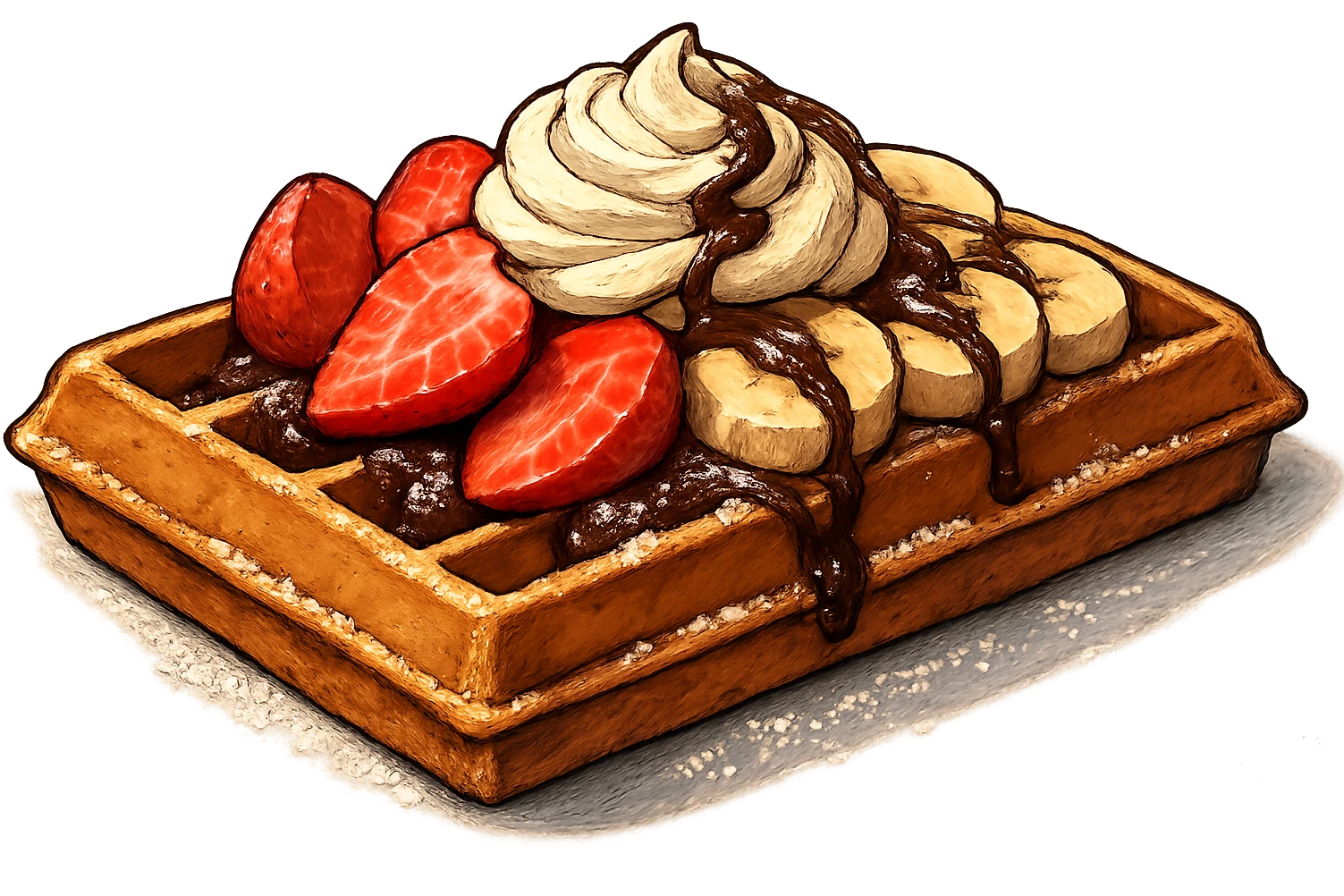 В слегка рисованном, но при этом ярком и объемном стиле с четкими линиями составь фотореалистичную композицию, где горизонтально лежит классическая брюссельская вафля с нарезанной клубникой и бананом, сливочными кремом, политая шоколадом и посыпанная сахарной пудрой, профессиональный свет, подчеркивающий объем, сделай картинку более широкой, прозрачный фон emoji