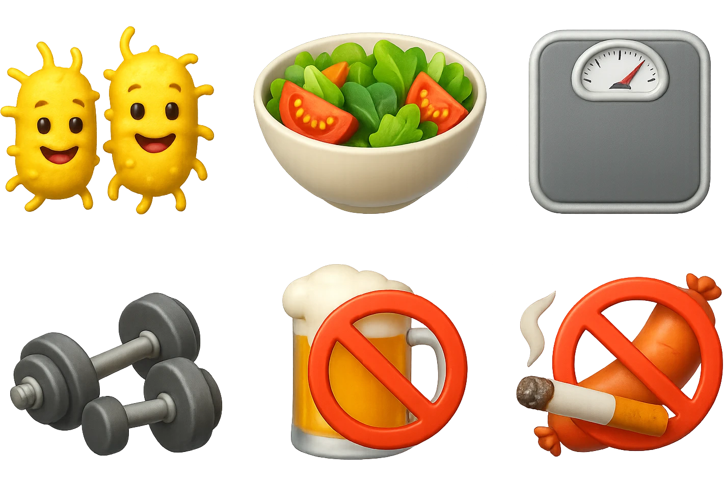emoji stile iphone di: due batteri intestinali felici, una bowl di insalata, una bilancia pesapersone, manubri da palestra, e un boccale di birra con divieto 3d sopra, una sigaretta con divieto 3d sopra e un wurstel con divieto 3d sopra, fluttuano in aria, iperrealistico 4k emoji