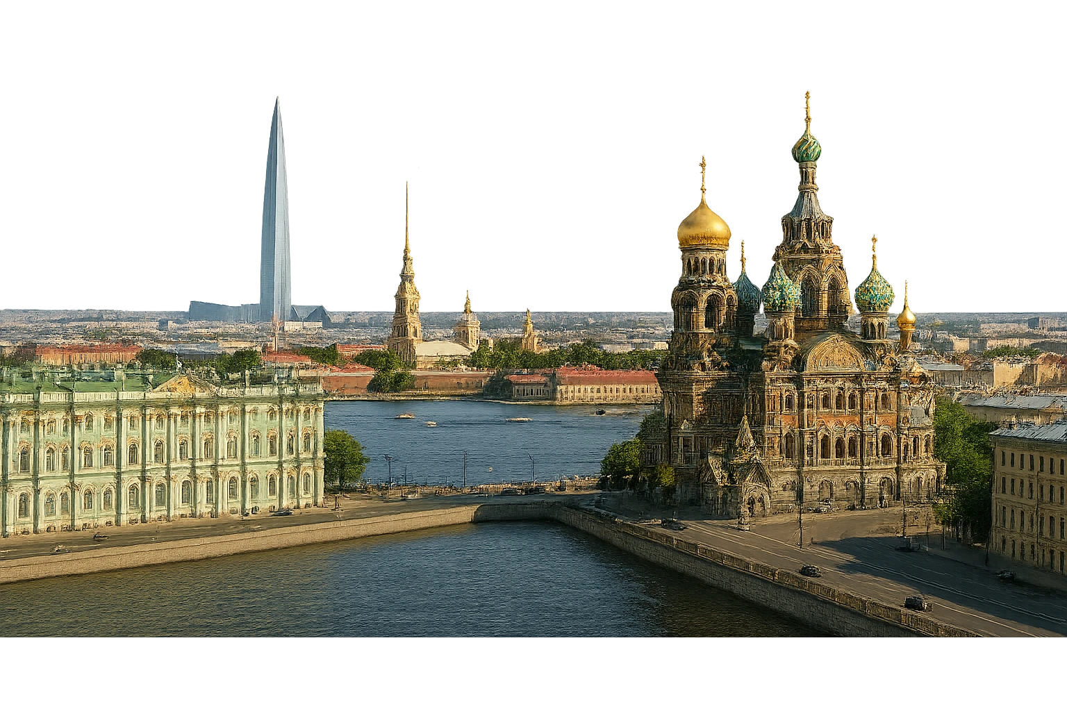 cinematic realistic emoji of St Petersburg Russia city wide view featuring Winter Palace, Church of the Savior on Spilled Blood, Peter and Paul Fortress, Lakhta Center, lifelike detail, accurate colors, bright daytime lighting, no sky, no clouds, fully transparent background emoji