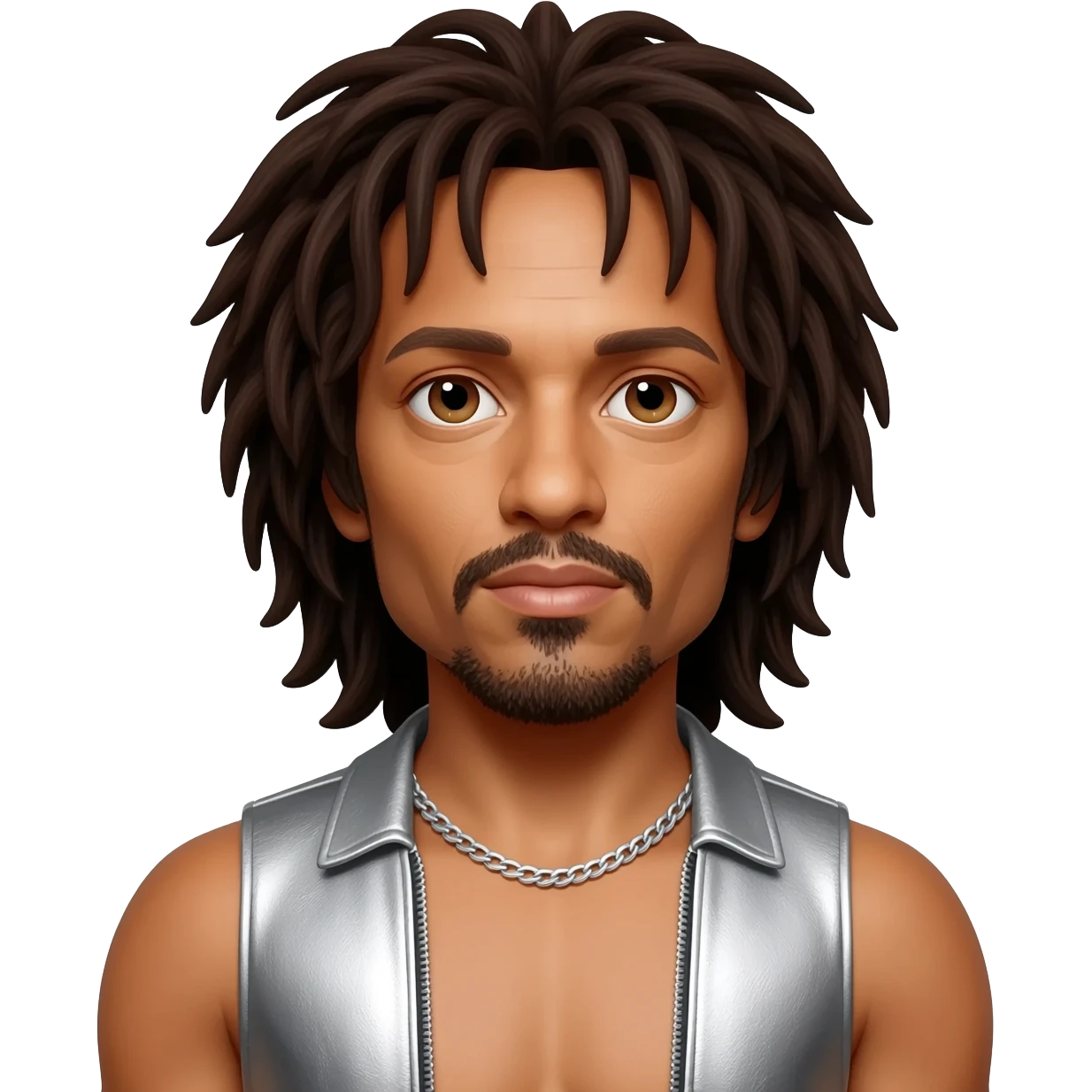 Lenny Kravitz with brown eyes, long dark brown hair, silver metallic vest, shirtless with silver necklace emoji