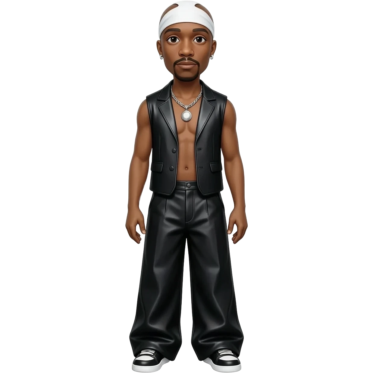 Tupac Shakur with bald head, white headscarf, black metallic open vest, black metallic wide leg pants, silver necklace and short earrings emoji