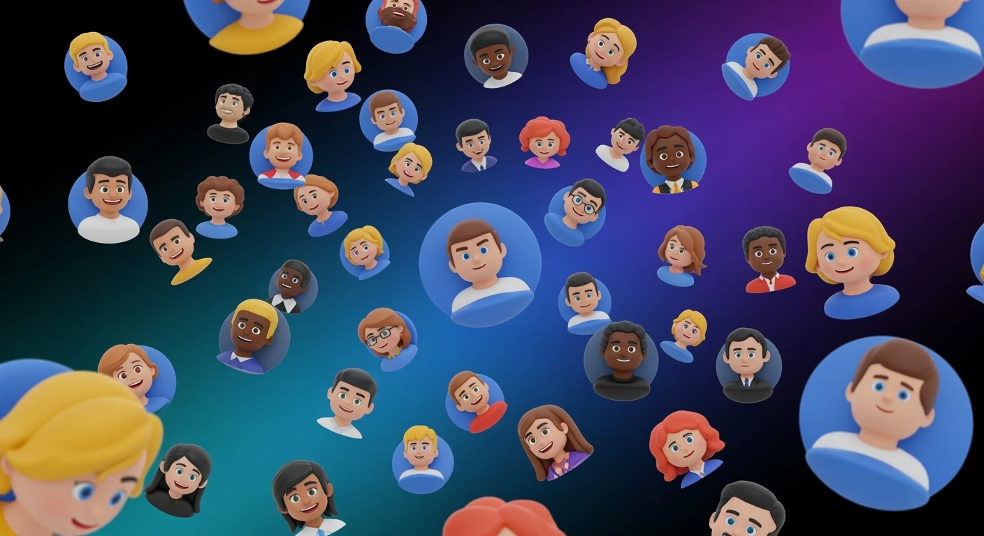 Graphic of a flying aroundg google profiles with 3d disney style faces of people (Gradient black and blue background) emoji