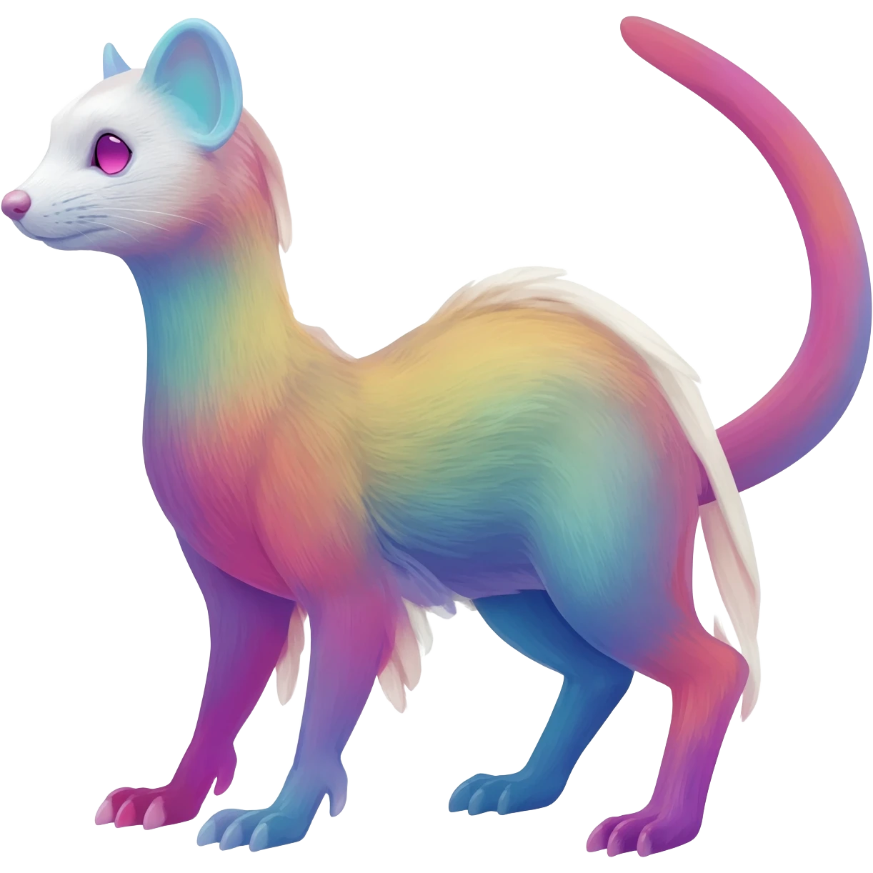 Colorful diaphanous Trico-Sergal-Skunk-Ferret-Furret-Marsupial-Vernid-fusion-Fakemon-animal-hybrid-creature, full body emoji