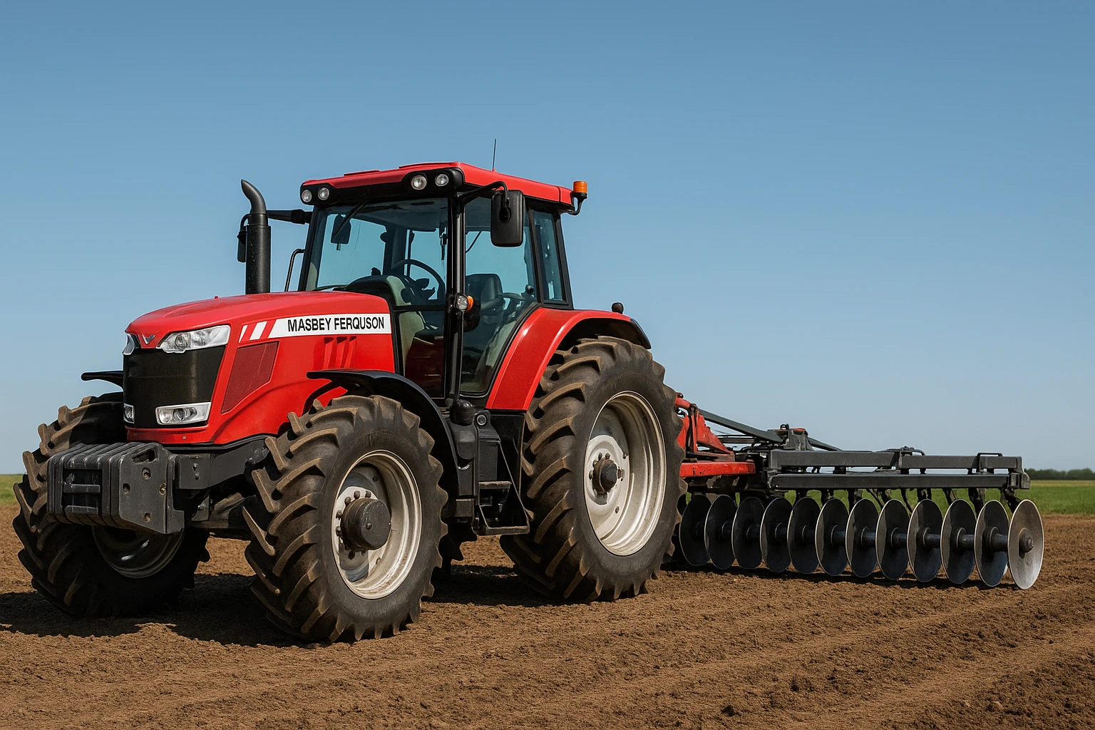 A Massey Ferguson tractor and Disc Harrow combo in a modern farm scene, focus on machinery, uncluttered background. emoji