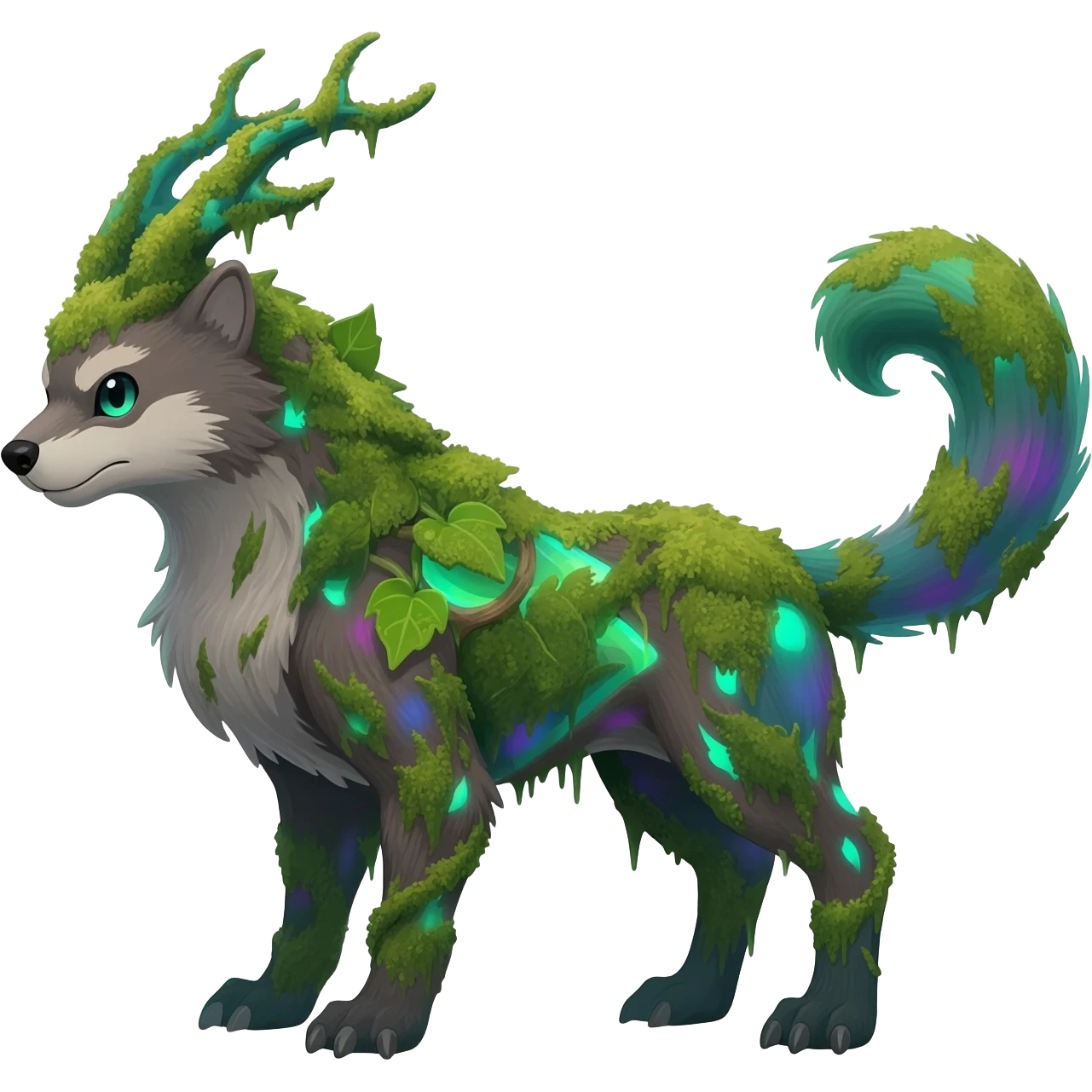 Realistic Sharp swampy mossy elemental ivy detailed Colorful translucent luminescent glowing Trico-Noibat-batty-Sergal-Furret-Ferret-Wolverine-Vernid-furry-fursona-fusion-Fakemon-animal-hybrid-creature, full body emoji