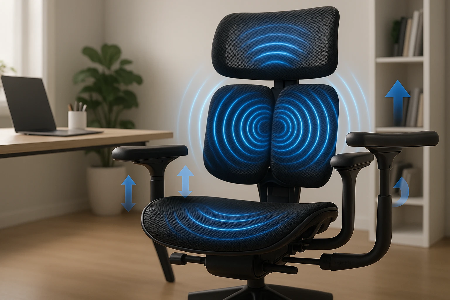 ergonomic office chair, reduces fatigue and muscle tension, modern workspace, soft light, realistic photo emoji