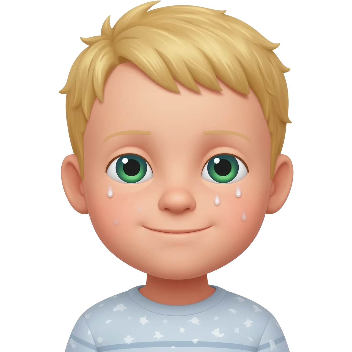 3 year old blonde boy with green-blueish eyes waking up from bed emoji