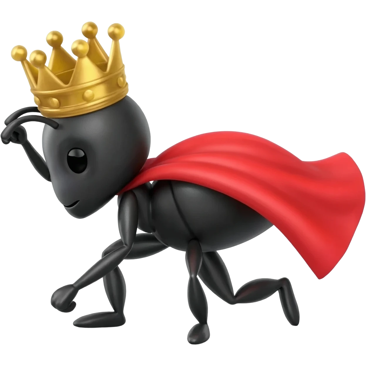 Ant doing superhero pose, without cape, but with the minimal features of an ant, wearing only golden crown emoji