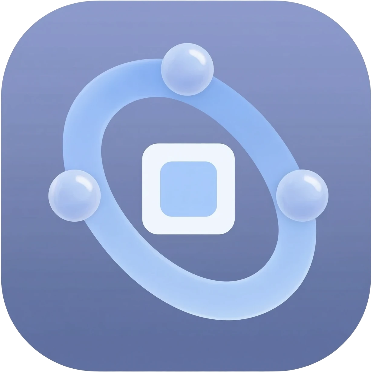An app icon – a central solid node or square, wrapped by two mirrored angle-bracket shapes, with 2–3 small orbiting dots/tiles converging into the center. emoji