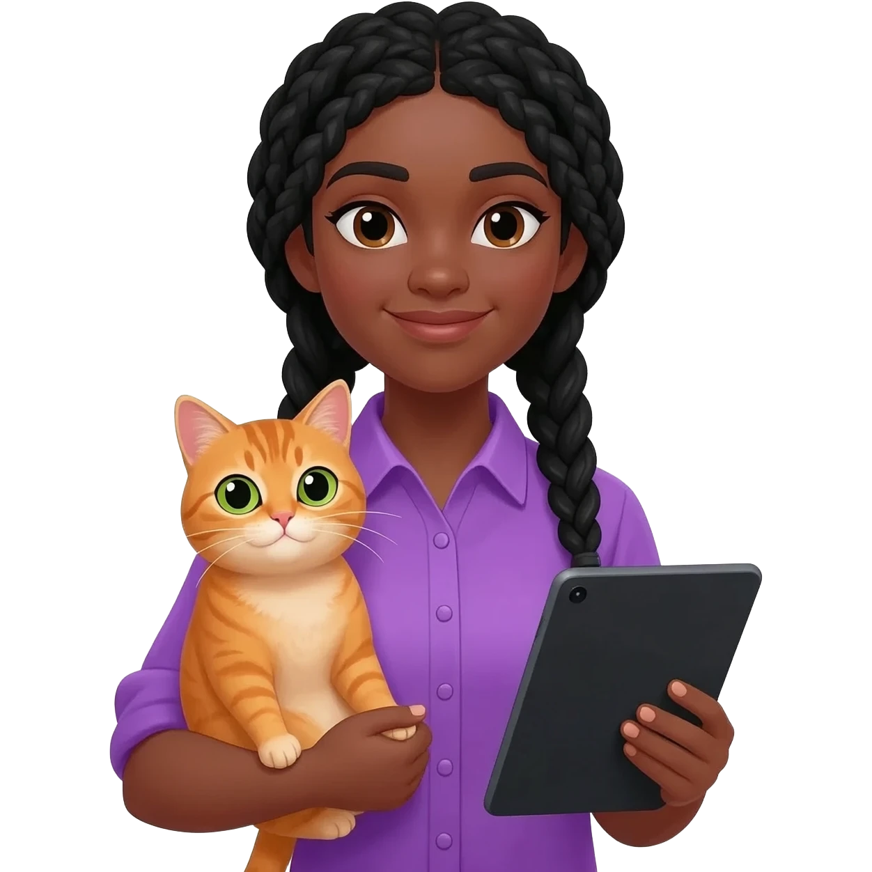 Émoji représentant une femme peau marron avec des longues nattes noires, une belle chemise violette, tenant un chat orange dans une main et une tablette dans l'autre emoji