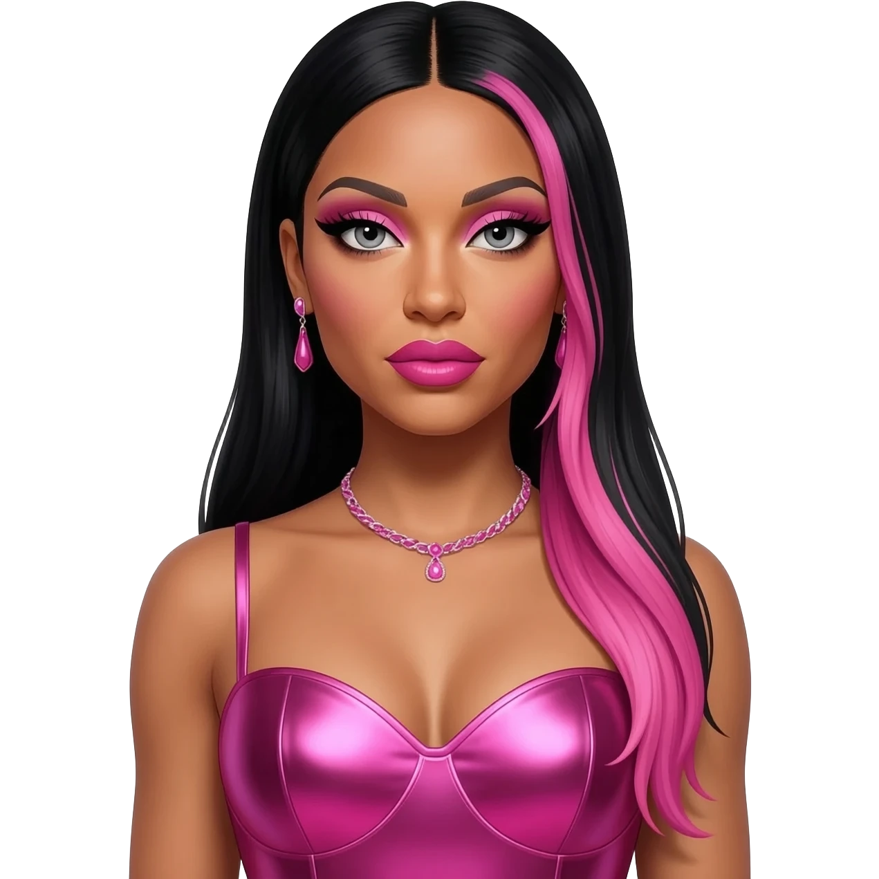 Nicki Minaj with grey eyes, long black and pink hair, pink eyeshadow, hot pink lipstick, hot pink metallic sweetheart dress, pink necklace and earrings emoji