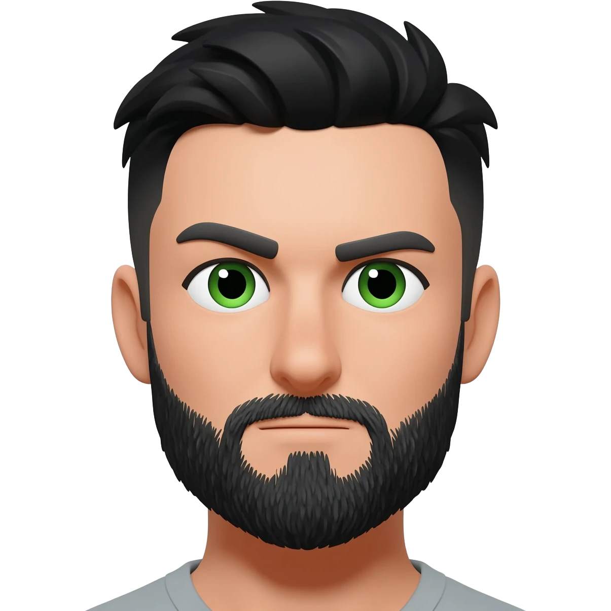 White man with short black hair and black beard with left eyebrow raised with green eyes emoji