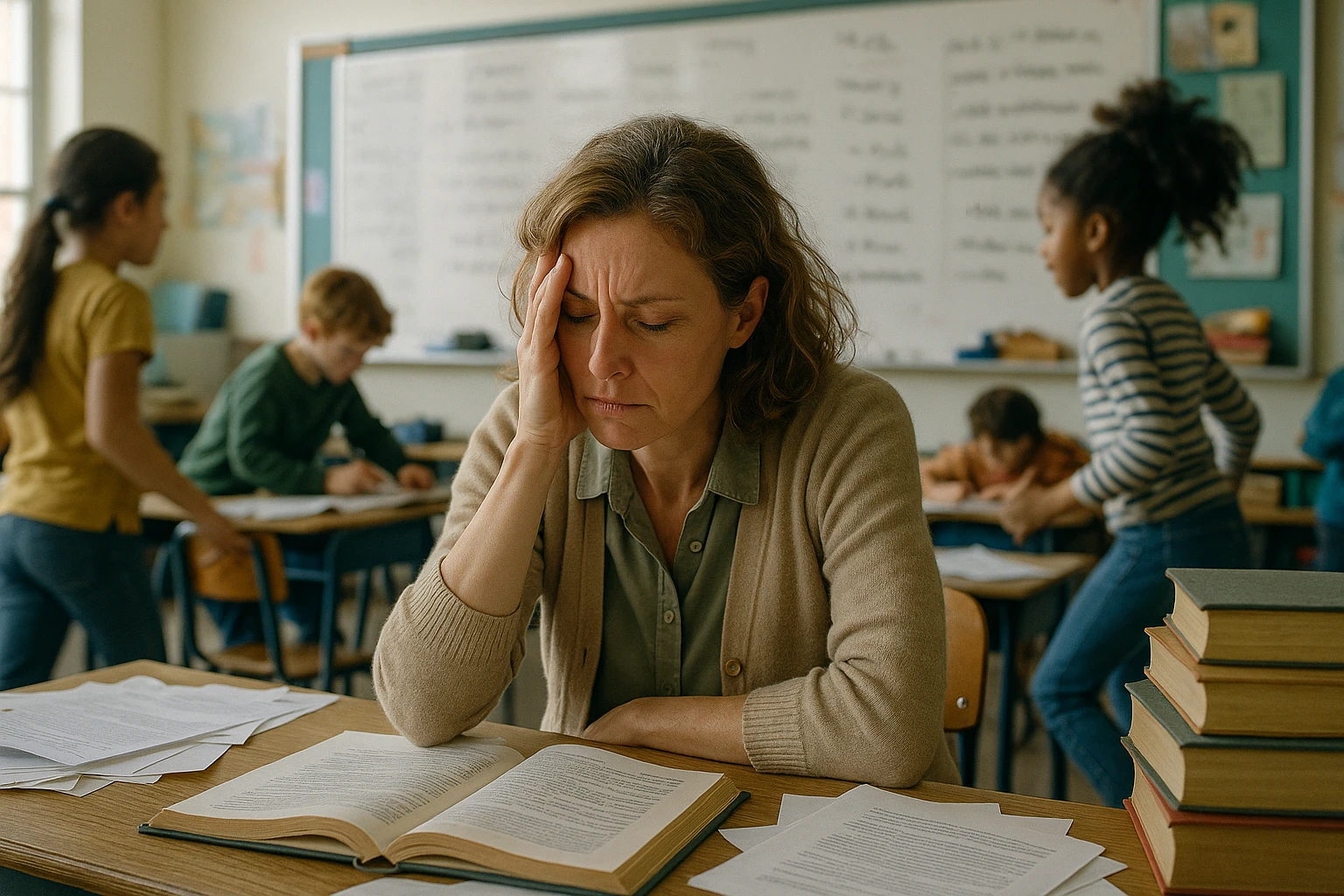 photograph of exhausted teacher in a bustling classroom emoji