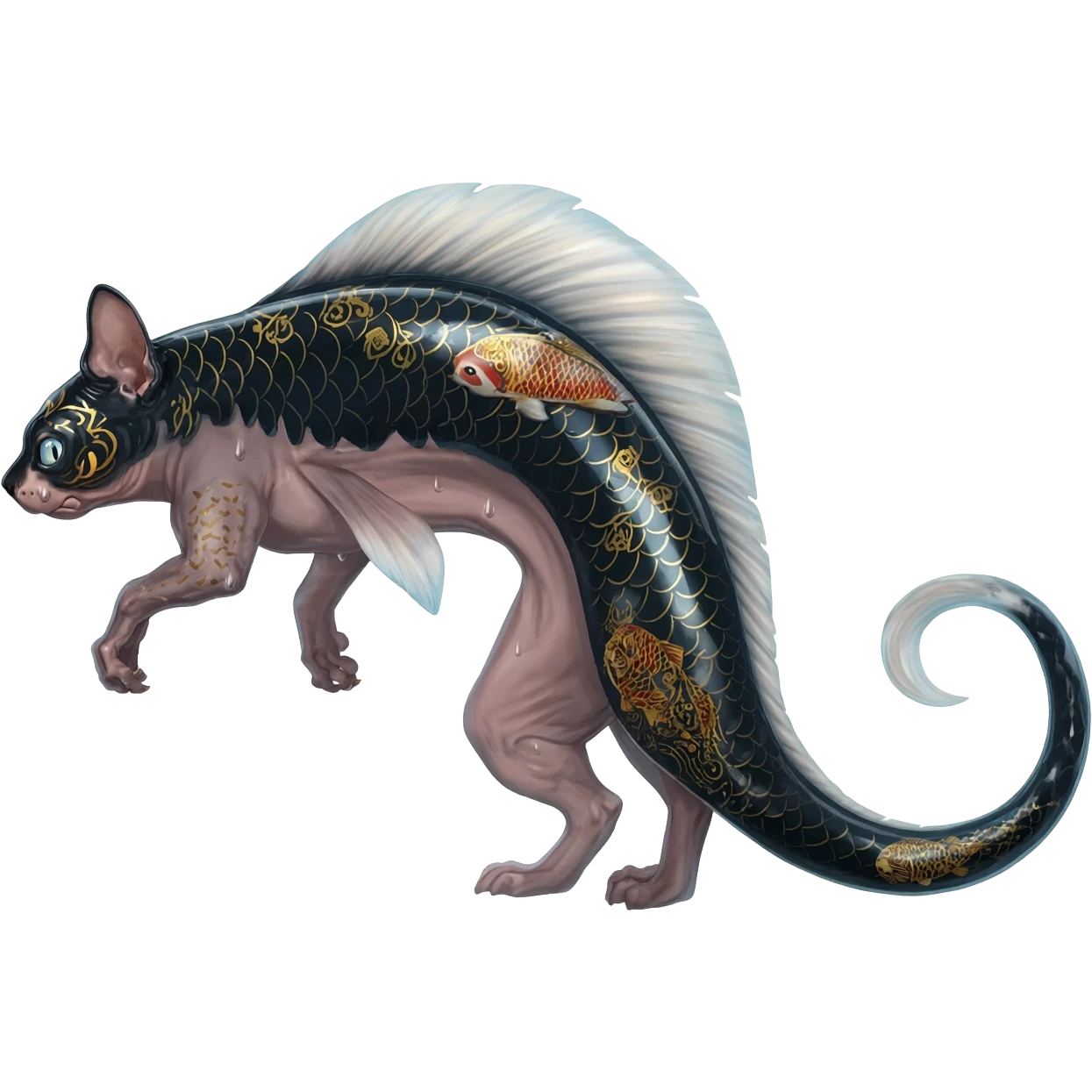 Edgy badass swimmy wet painted intricate ornate Japanese Asian koi-Minccino-Lykoi-Emolga-Sphynx-Linoone-Zangoose-fusion-hybrid-animal-Fakémon-creature, full body, thin long sleek scaly tail, intricate markings emoji