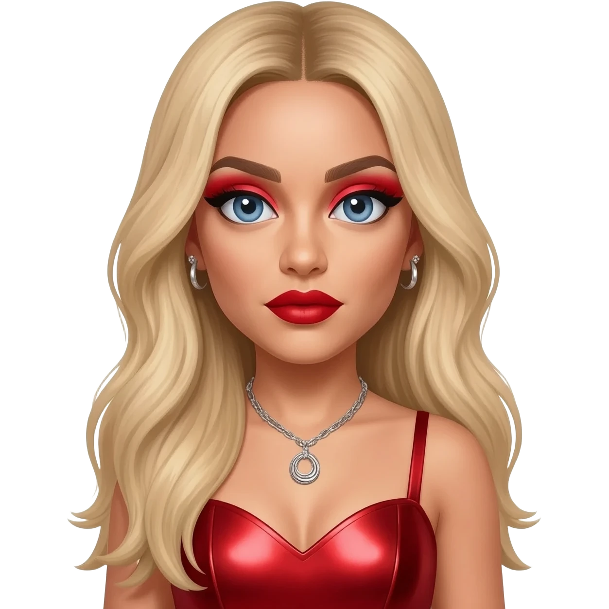 Perrie Edwards from Little Mix with blue eyes, long blonde hair, red eyeshadow and lipstick, red metallic sweetheart dress, silver necklace with earrings emoji