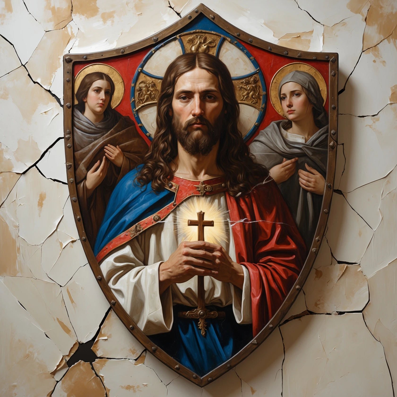 (img2img: strenght:=0.1) <ReferenceOnly-V3> inpaint religious theme onto the shield oil painting style flat image oil cracks countour
medieval shield art
 emoji