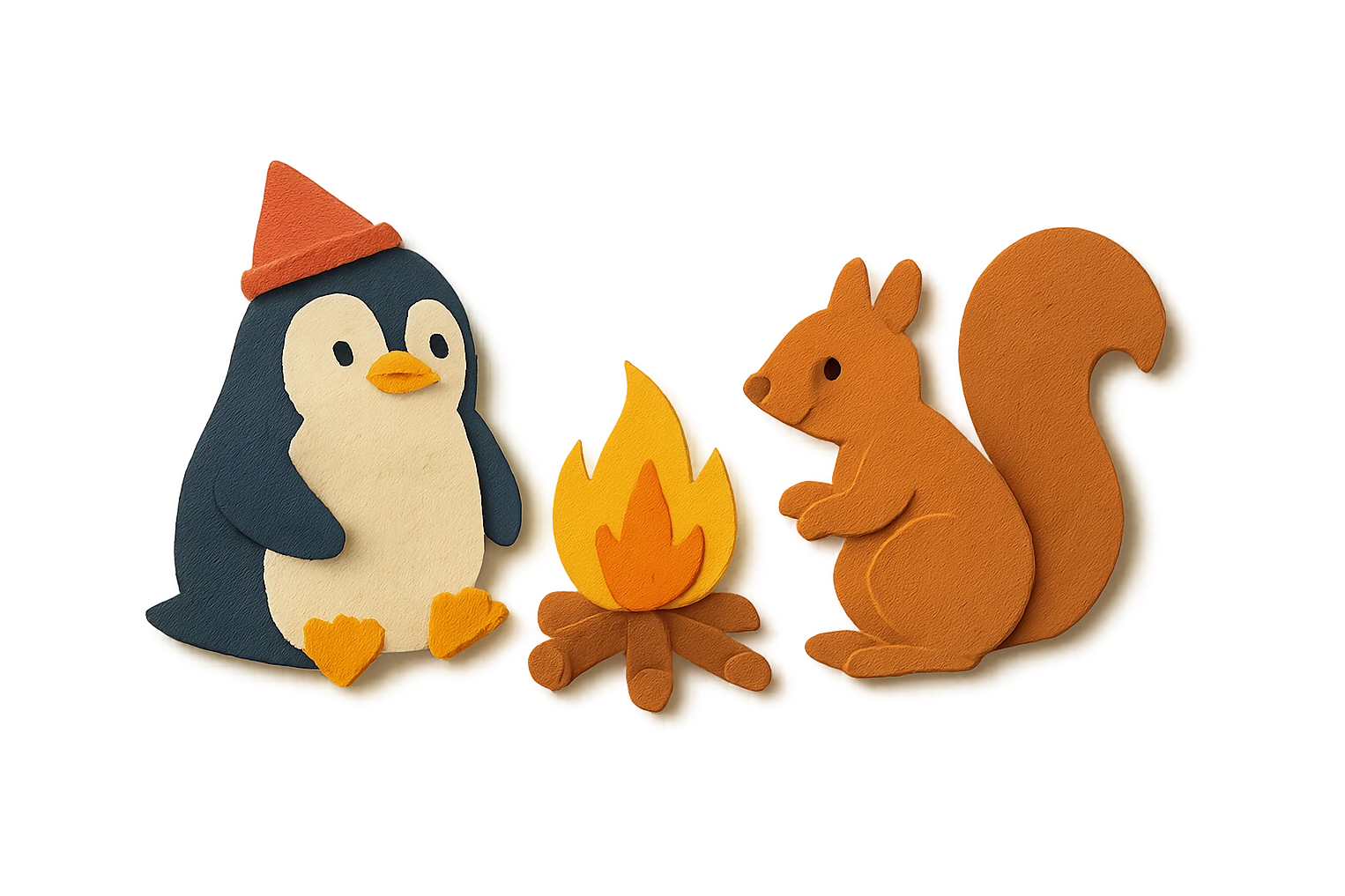 Pinguin und Eichhörnchen beim Campen, Papierbastel-Stil, Lagerfeuer emoji
