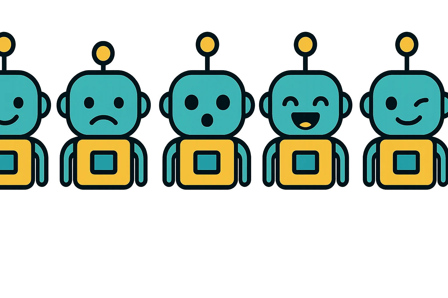 Create a variety of emojis for a tech bot base with happy, sad, surprised, laughing, and winking expressions. Maintain a minimalistic, geometric, clean style with subtle tech details. Use a transparent background. emoji