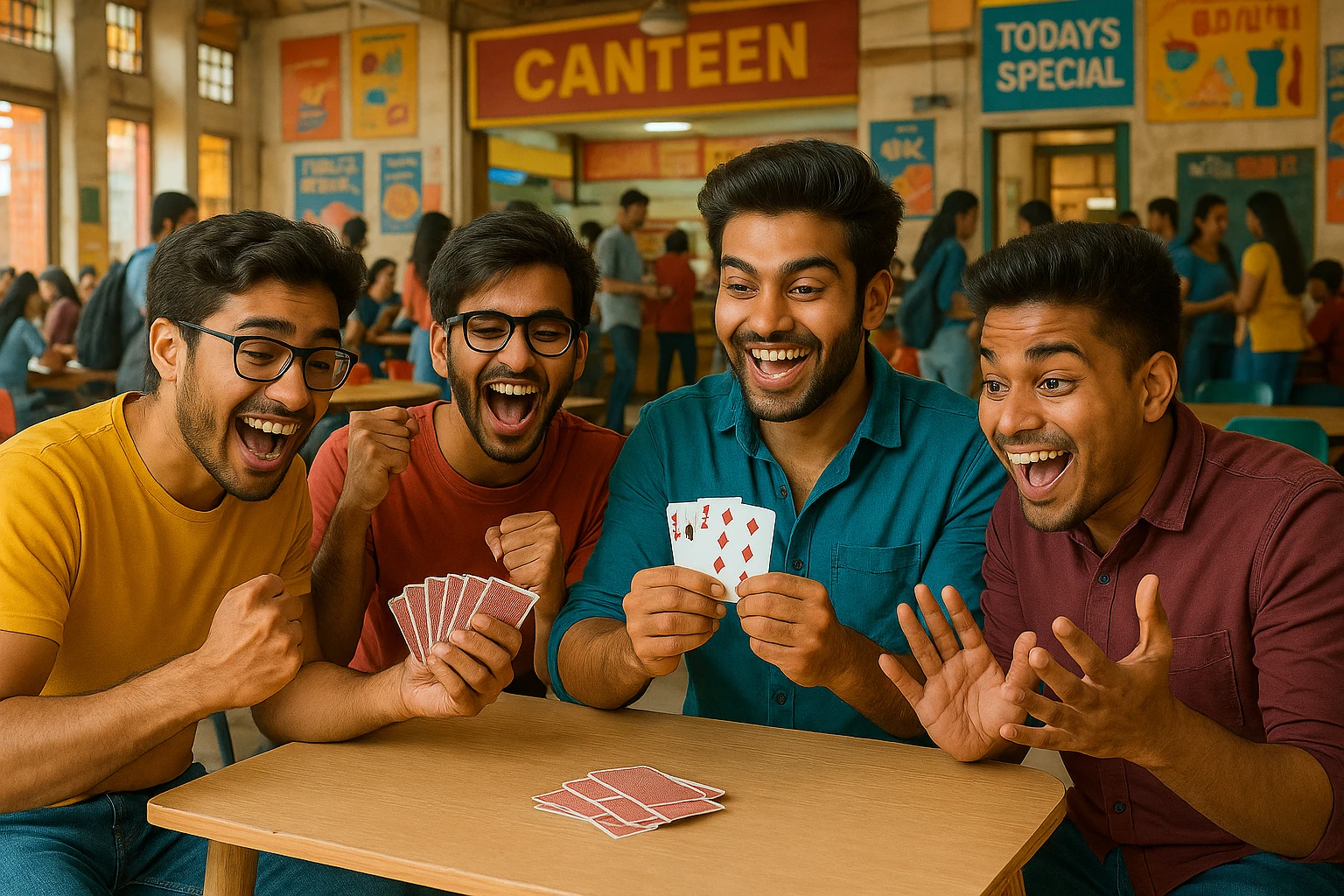 Add a bustling Indian college canteen background while keeping the four students playing tash as the main focus of the image. emoji