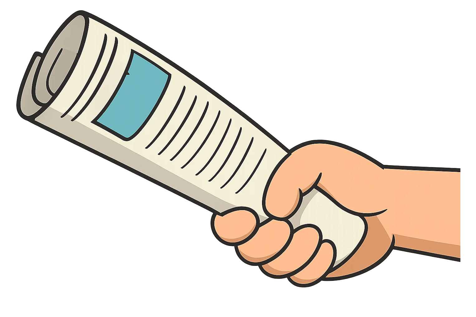 Create a cartoon style illustration of a hand holding a rolled up newspaper, matching the pose and perspective of the reference image. The background should be transparent. The image should show only the hand and the newspaper, with no person visible. The style should be consistent with flat toon style, emphasizing clear shapes and vibrant colors. emoji