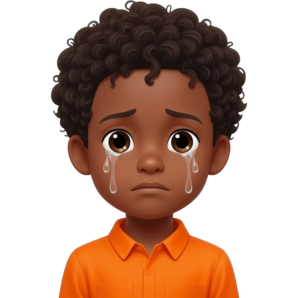 black boy curly hair orange shirt sad crying emoji