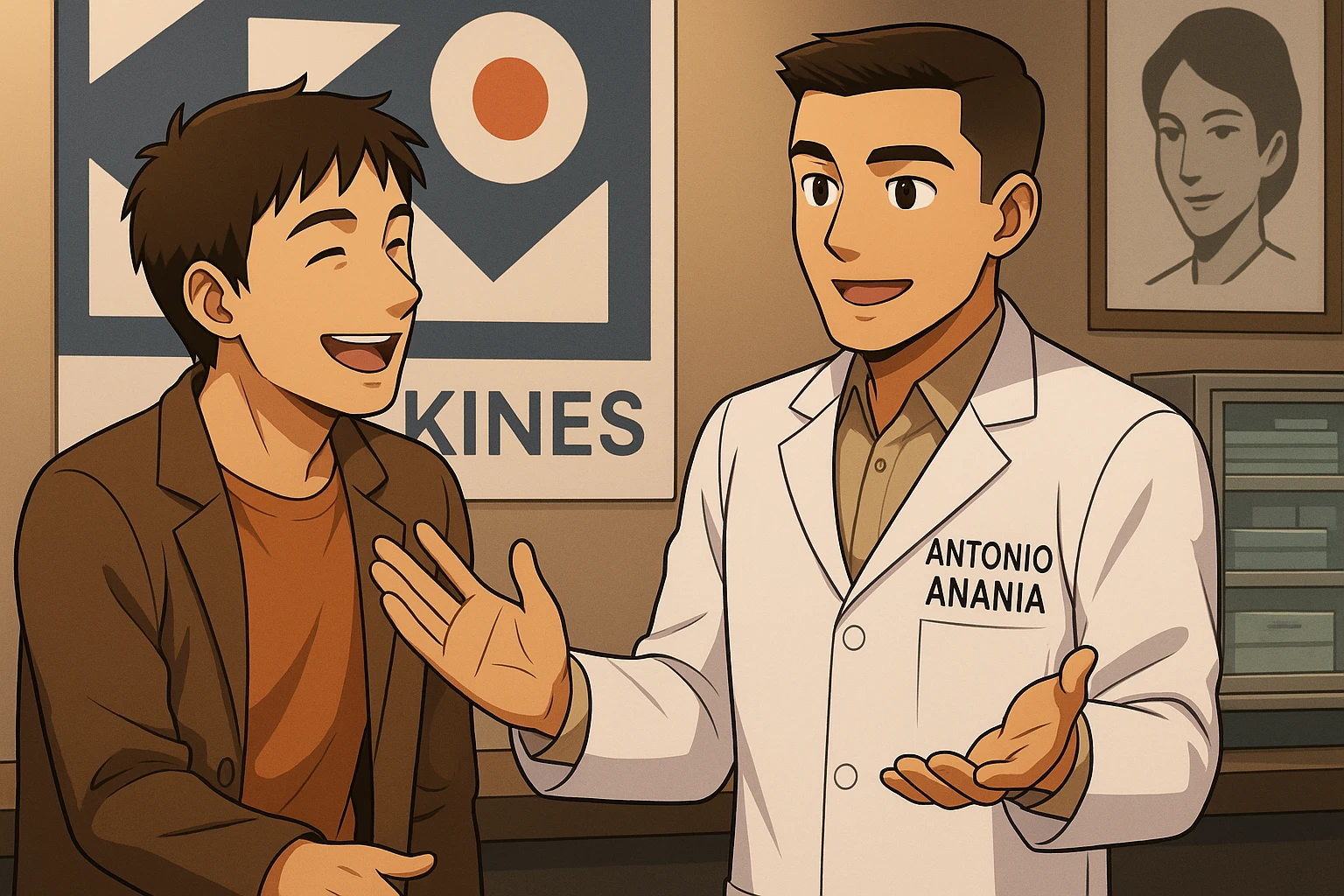  rappresenta un webtoon manga a colori con questo stile, in cui un uomo esclama una cosa entusiasta al kinesiologo con il camice bianco (fagli anche la scritta "ANTONIO ANANIA" SUL CAMICE), IL KINESIOLOGO lo aspetta a braccia aperte. l'espressione dell'uomo è felice e soddisfatta, non fare i fumetti però, fai solo in modo che sembri stiano parlando emoji