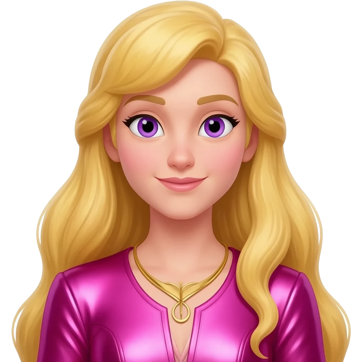 Aurora from Disney Princess with violet eyes, long blonde hair, hot pink metallic outfit, gold necklace emoji