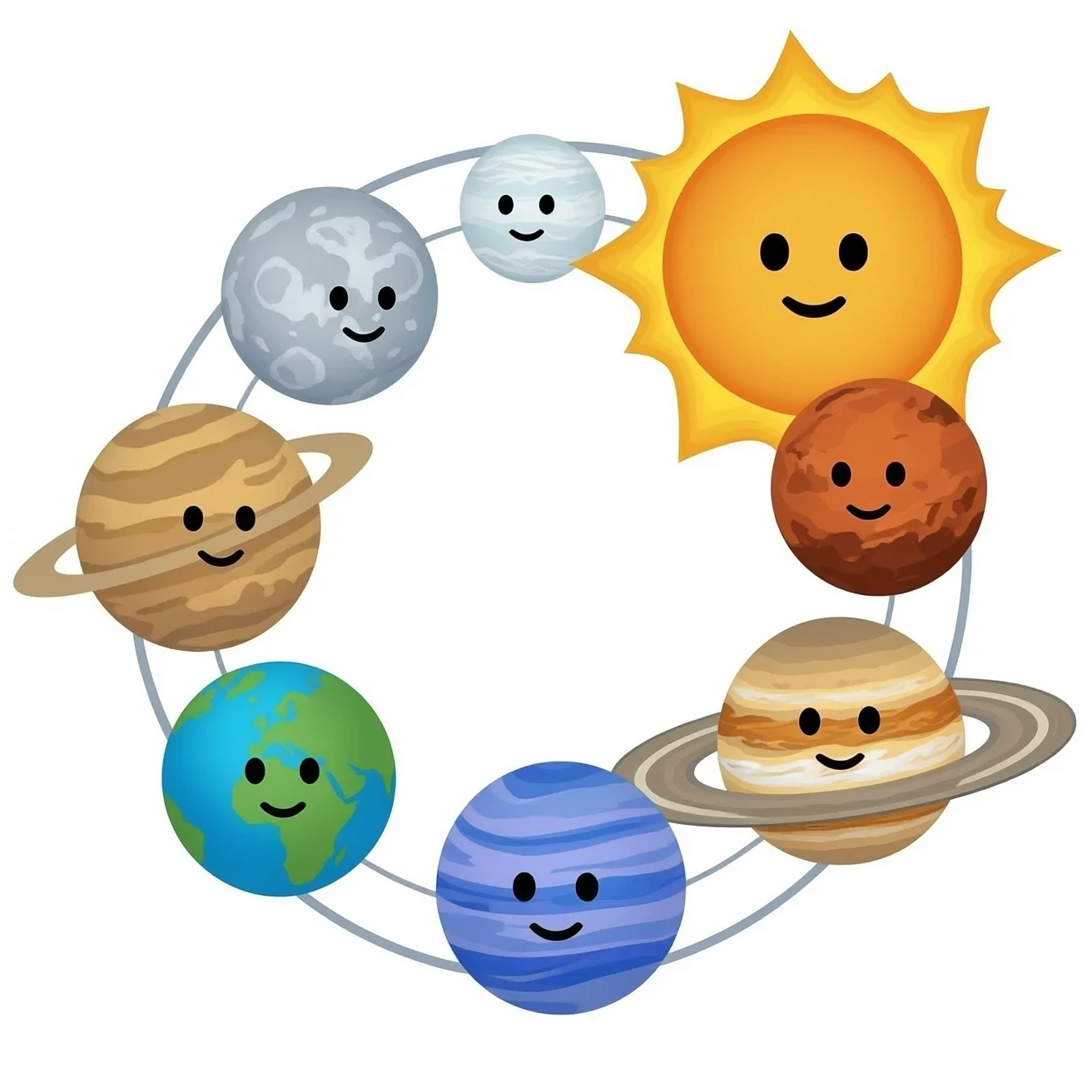 Mercury  Venus earth mars Jupiter Saturn Uranus Neptune all orbiting the sun in a solar system with different faces emoji