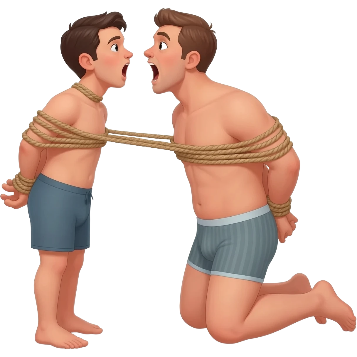 thirty year old guy wearing boxershorts standing on his knees in front of another man with mouth wide open and hands tied behind his back with ropes emoji