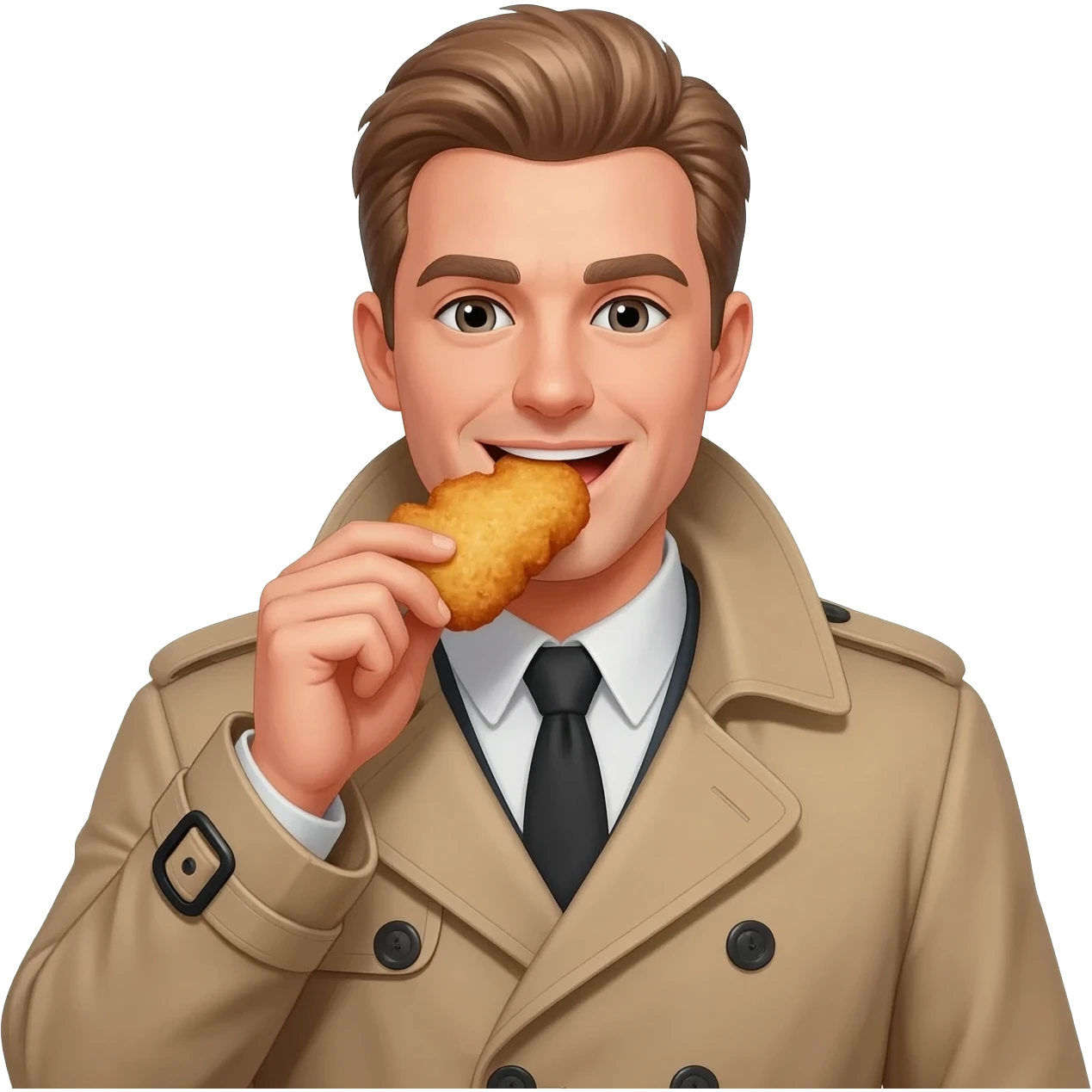 Dunkelblonder Mann im Trenchcoat isst Schnitze emoji