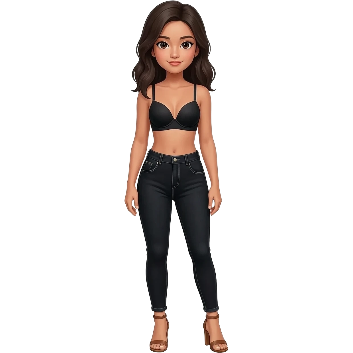 Filipino girl black bra  top and high waisted black jeans  with feet stand straight body wear  high heels sandals brown stand straight emoji