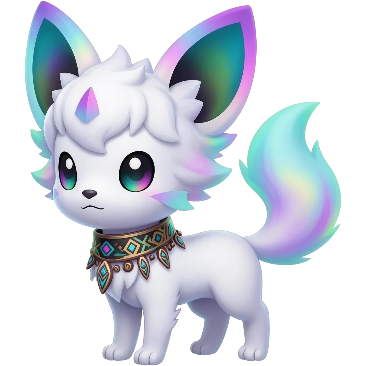 Rare neon iridescent white exotic cute epic aesthetic gothic colorful Salandit-Eevee-Civet-species-Fakemon-hybrid-creature, with a collar, and with intricate tribal markings, full body emoji