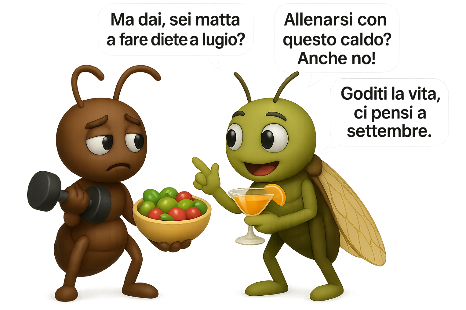 EMOJI STILE IPHONE 3D DI una cicala e una formica che parlano tra loro, la formica ha nella mano destra un manubrio da palestra e nella nella mano sinistra una bowl di insalata, la cicala invece ha un cocktail in mano, la cicala prende in giro la formica E LE DICE IN 3 FUMETTI DIFFERENTI: "Ma dai, sei matta a fare diete a luglio?”
“Allenarsi con questo caldo? Anche no!”
“Goditi la vita, ci pensi a settembre.”
 emoji