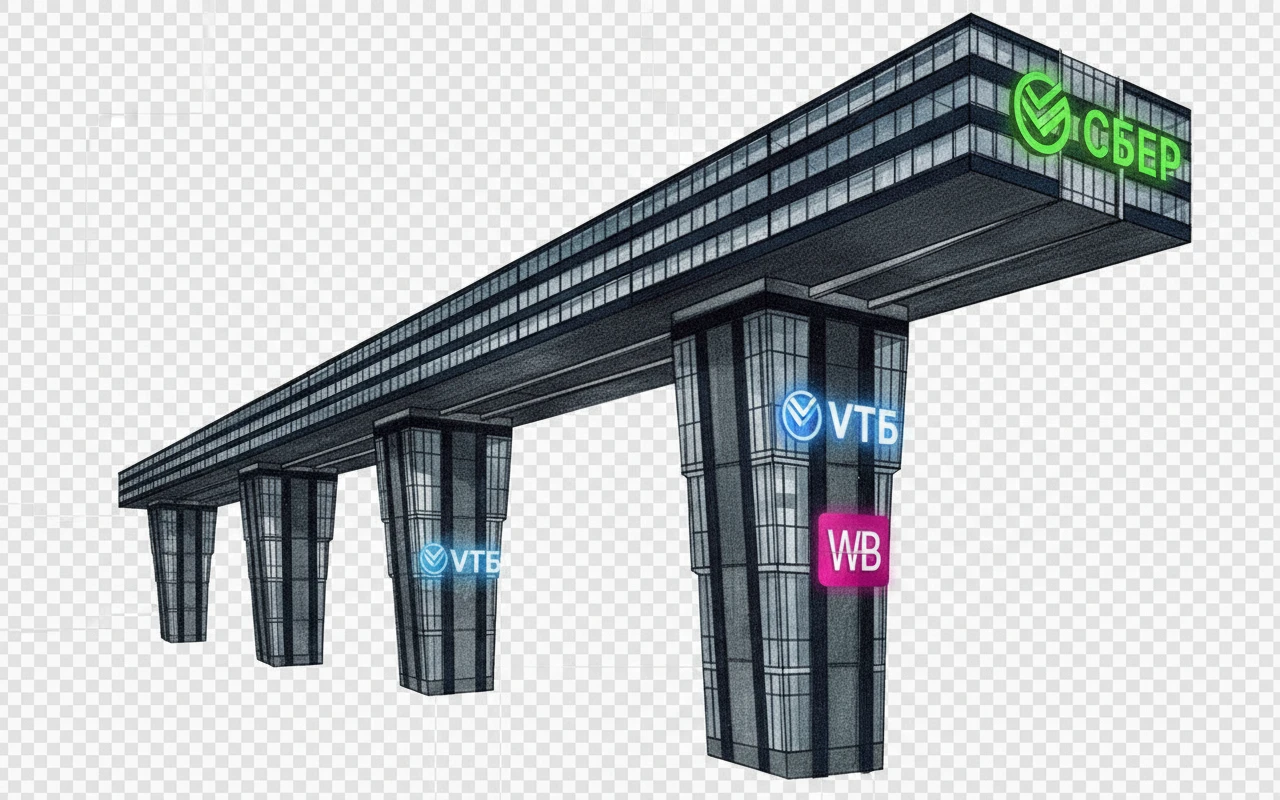 Стилизуй этот горизонтальный небоскреб под стиль Москва-Сити. Сделай его более конструктивистским, пусть он будет длиннее (сама верхняя горизонтальная часть). Добавь на нее логотипы Сбера, ВТ и WB

Прозрачный фон emoji