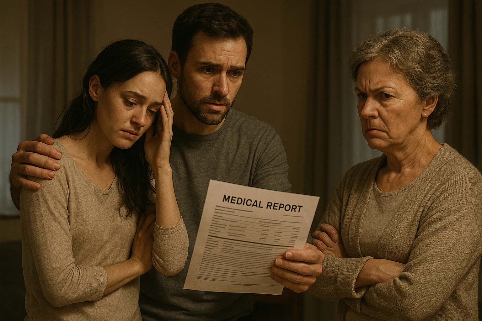The wife, looking tired and vulnerable, stands beside her husband, while the mother-in-law looks skeptical and critical, the man holding out medical reports as evidence, emotional tension visible. emoji