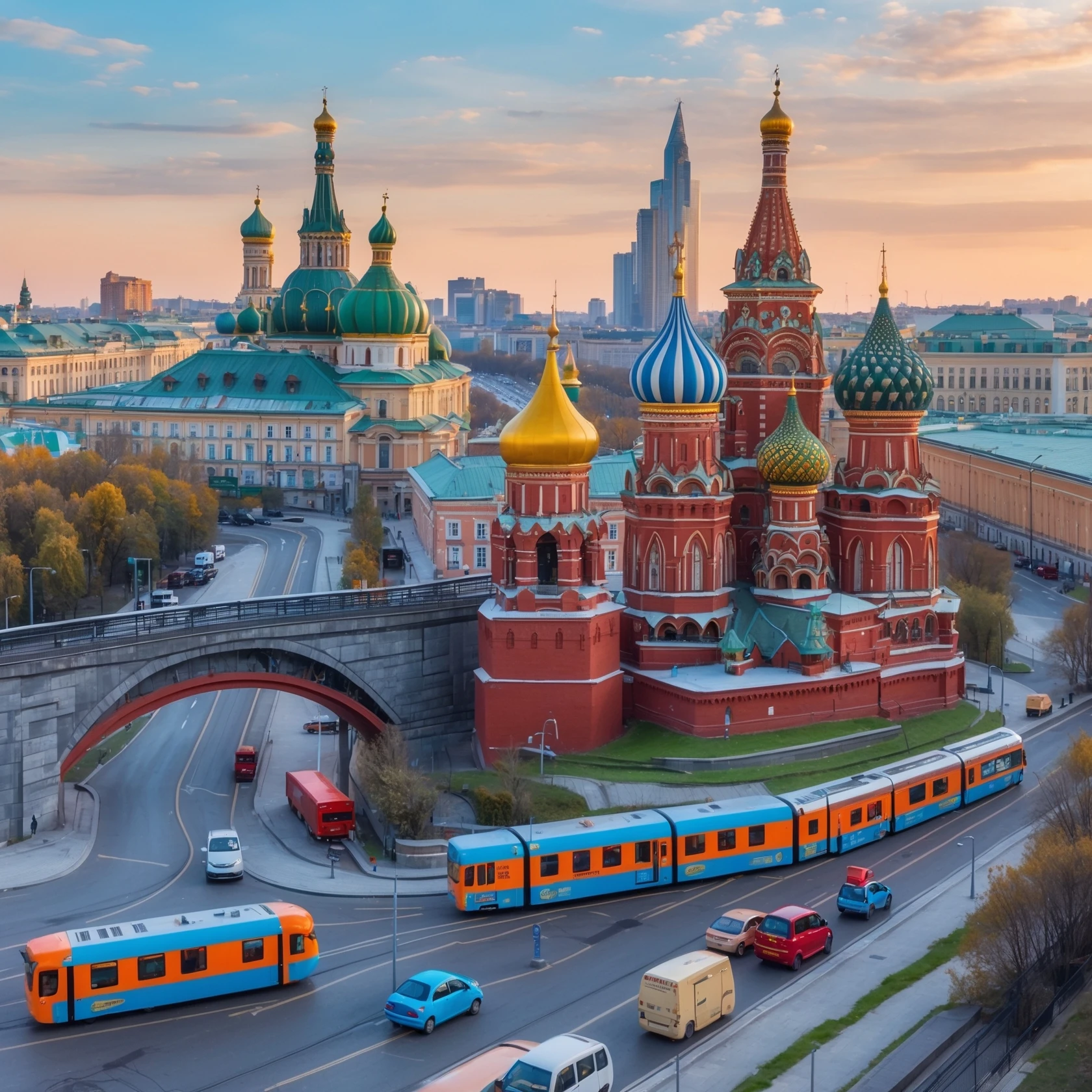 Изометричная миниатюрная 3D модель Москвы на подставке - фотореалистичный Кремль, собор Василия Блаженного, фотореалистичный Башни Москва-Сити, аккуратная детализация, яркие цвета, мультяшный реализм, гуляют люди и современный автотранспорт и метро, компактная композиция, вид сверху в изометрии emoji