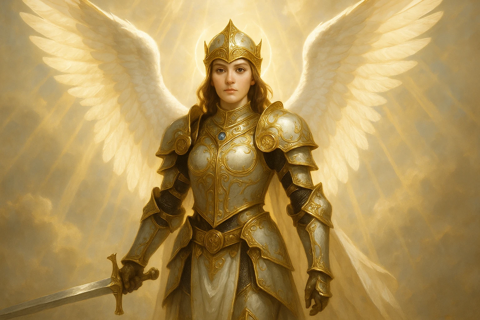 a female angel knight in ornate armor with golden accents, radiant and heavenly atmosphere emoji