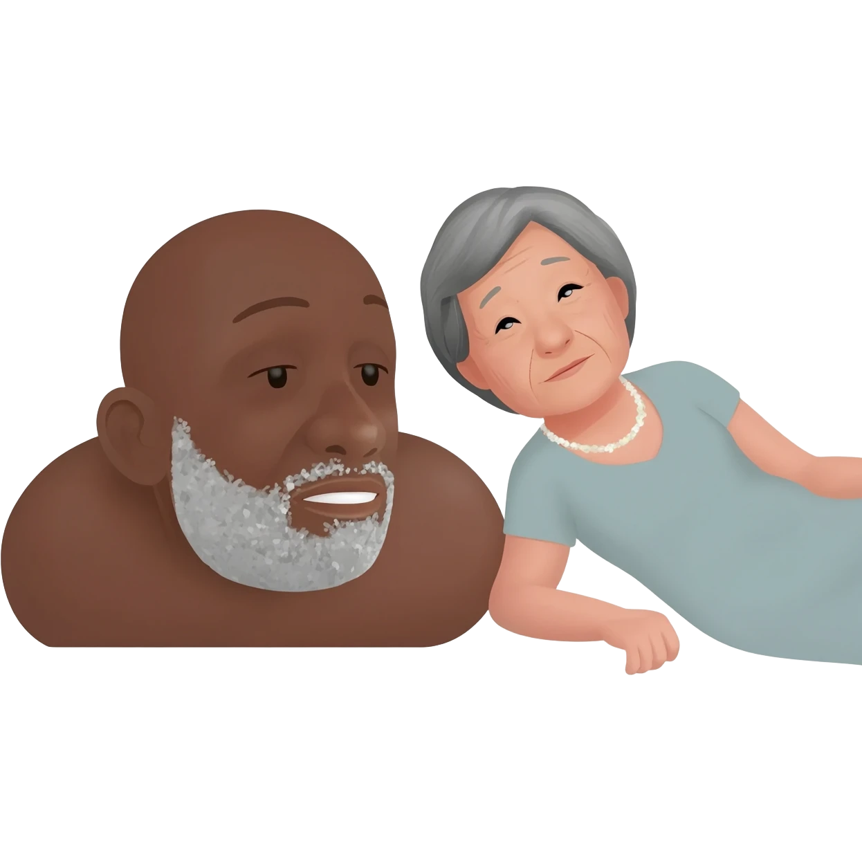 Baldheaded black man with salt/pepper goatee laying down with Japanese brunette older woman emoji