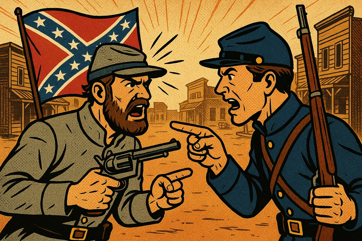 A former Confederate American Civil War soldier with his gun and a confederate flag in an argument with a former Union Civil War soldier with his rifle. In the background a wild west settlement town emoji