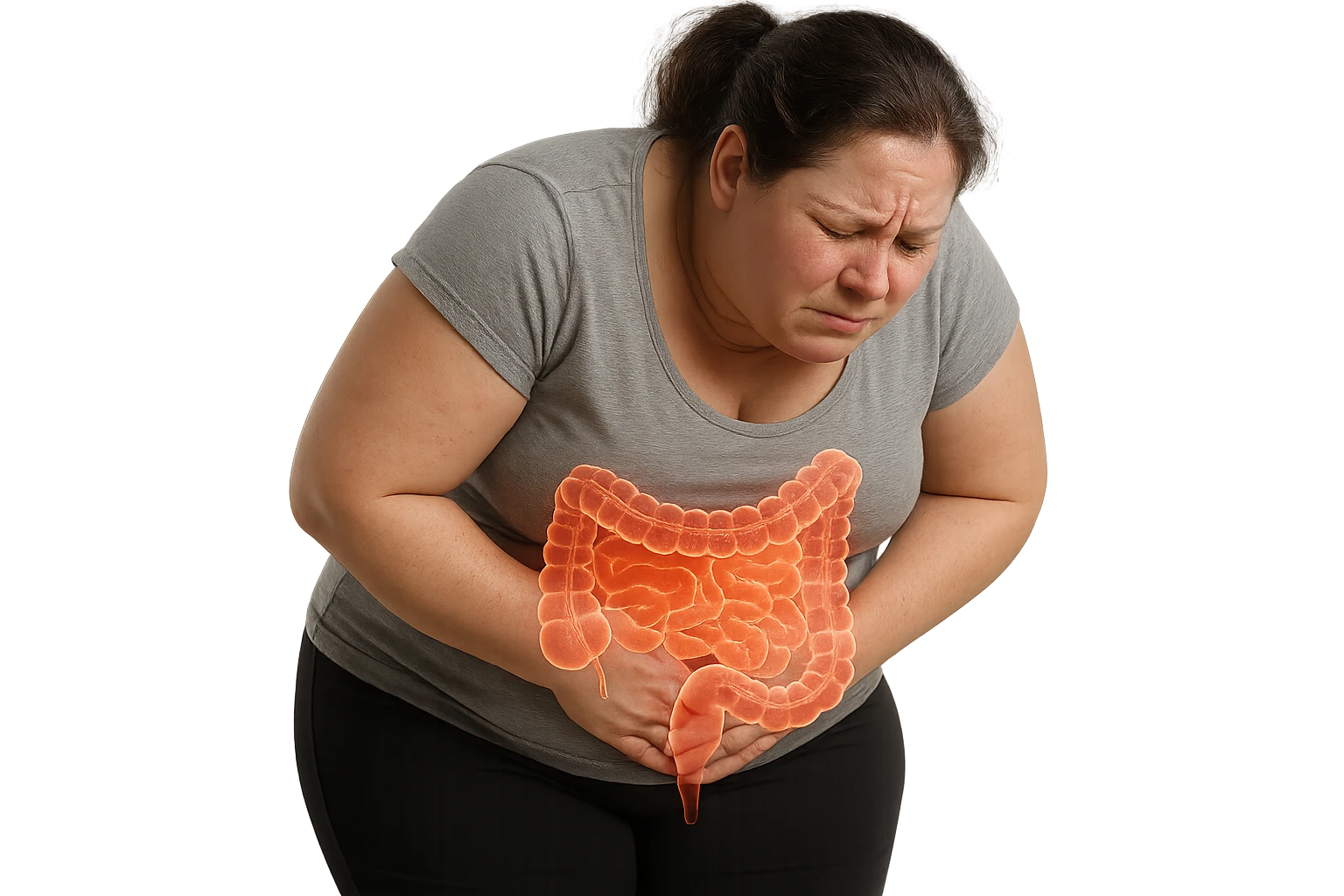 DONNA LEGGERMENTE SOVRAPPESO PIEGATA IN AVANTI FRONTALMENTE CON INTESTINO ANATOMICO IN EVIDENZA, MAL DI PANCIA iperrealistico 4k emoji